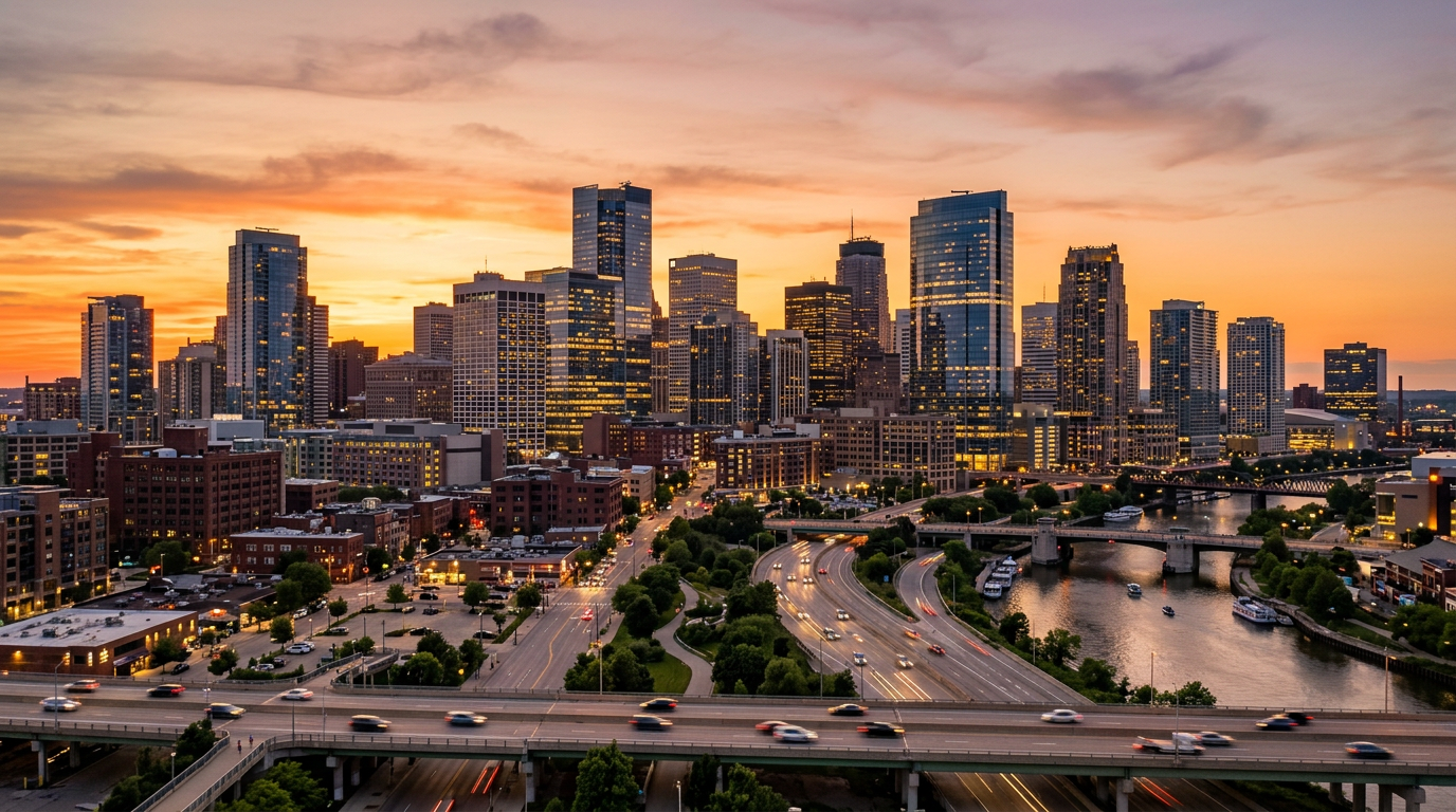 Modern downtown skyline at dusk