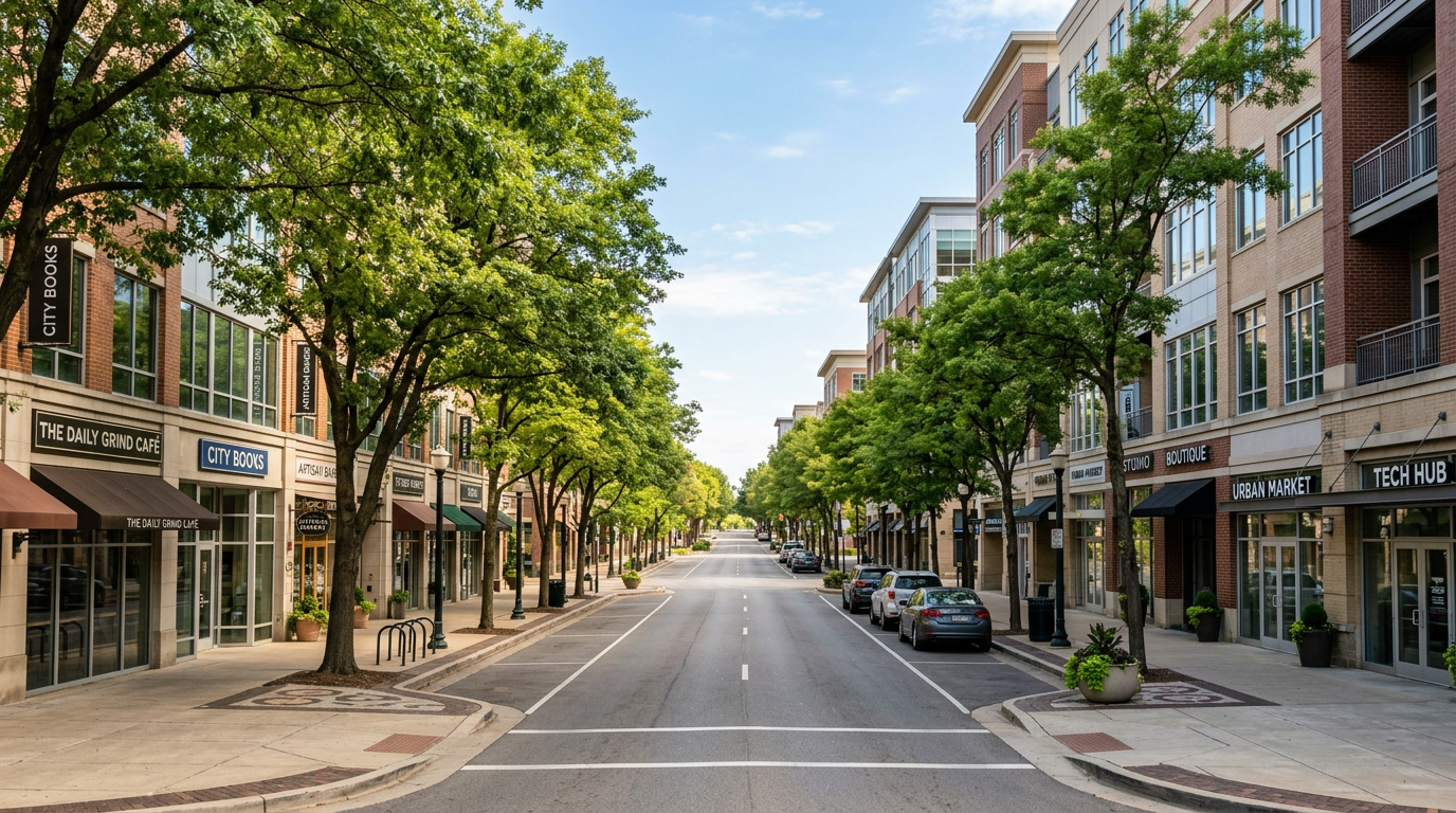 Urban boulevard with mixed-use buildings